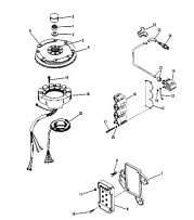 Маховик, распределительная коробка, катушка зажимная и статор 2-Х ТАКТНОГО ПЛМ MERCURY 60 Серийный номер от 9385911 до 9469199